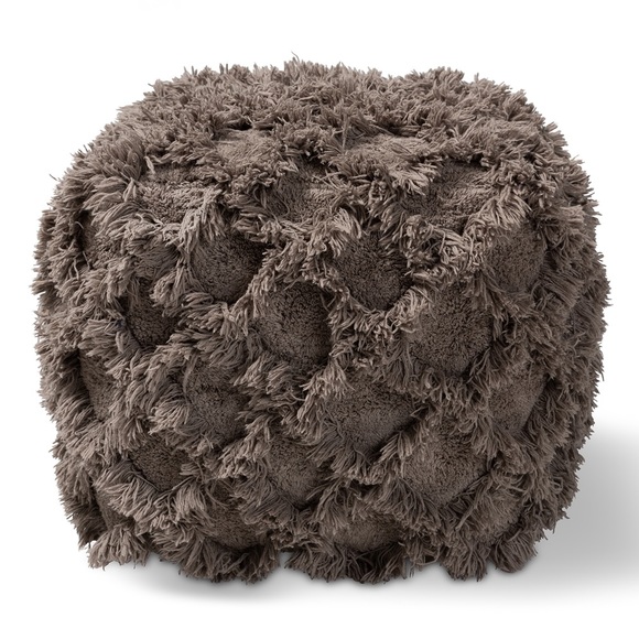BAXTON STUDIO ASUKA MOROCCAN INSPIRED TAUPE HANDWOVEN COTTON FRINGE POUF OTTOMAN - Picture 4 of 6